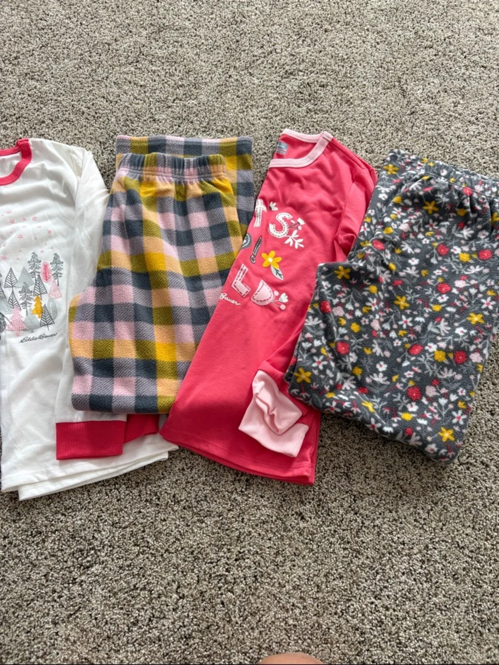 Eddie Bauer Girls' Pink, Gray, Yellow & White Pajama Set - Floral & Plaid Fleece